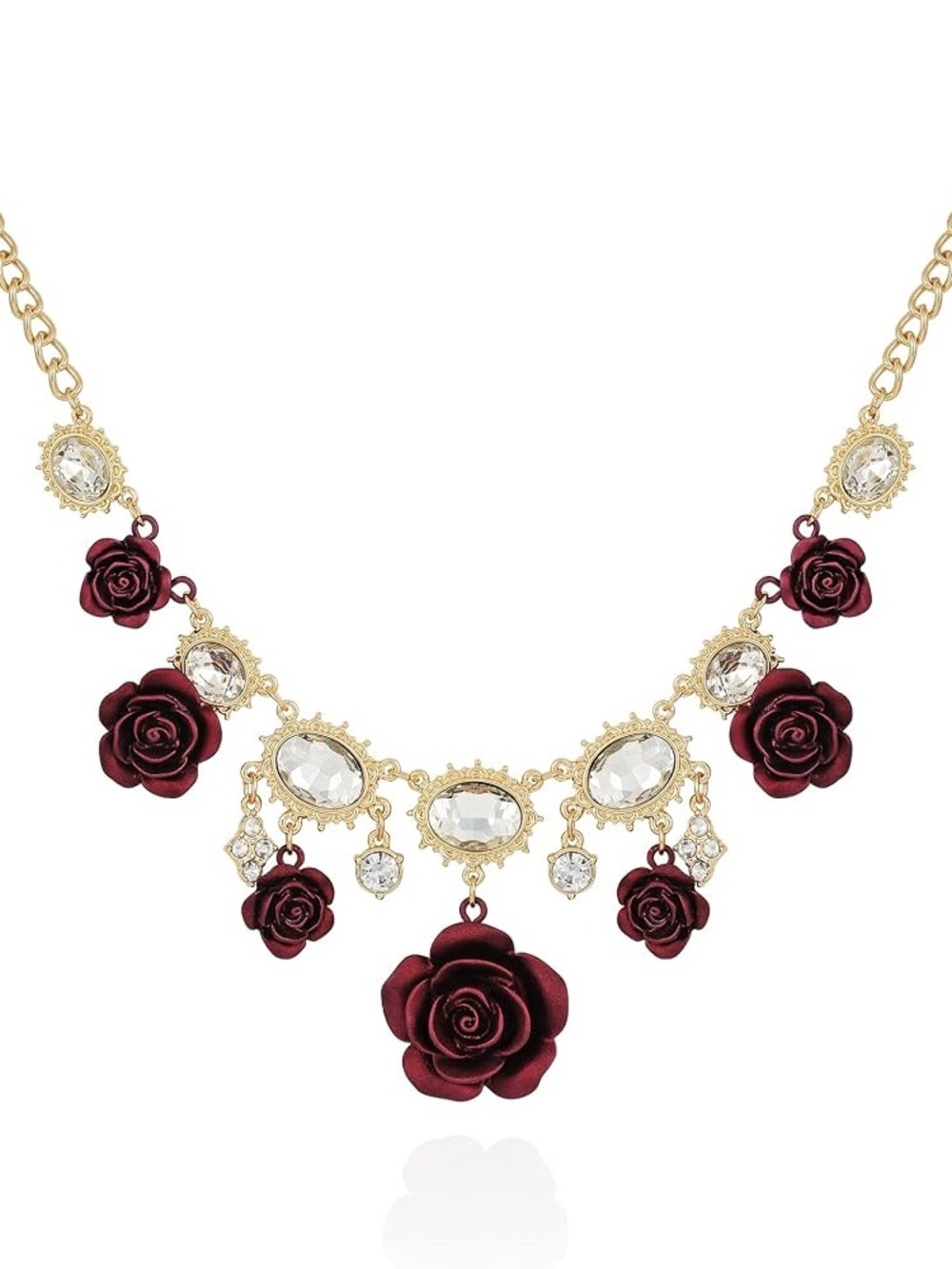 GUESS Gold-Tone Necklace  Burgundy Rose Accents  Clear Stones necklace